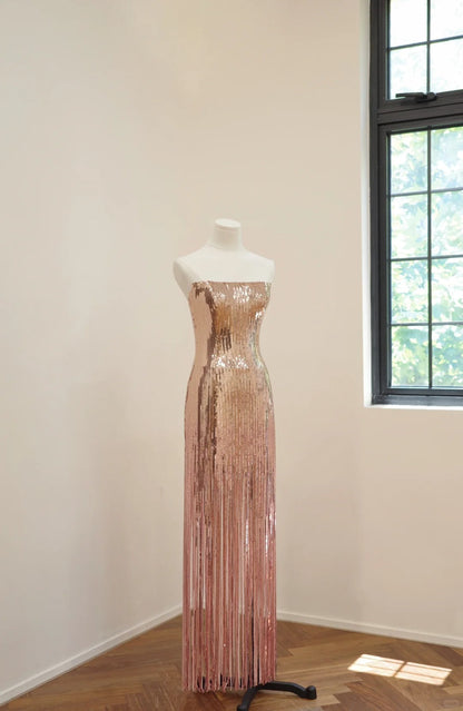 formaldressy-Pink Gold Shiny Fashion Long Sequined Prom Dress Evening Dress Party Dress gh5060