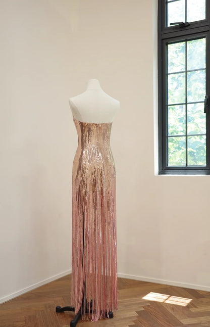 formaldressy-Pink Gold Shiny Fashion Long Sequined Prom Dress Evening Dress Party Dress gh5060
