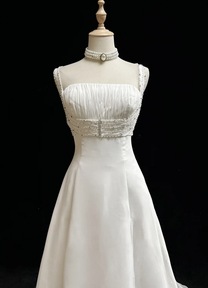 Unique Wedding Dress A Line Square Neck White Chiffon Beads 90s Wedding Dresses Vintage Bridal Gowns DH1155