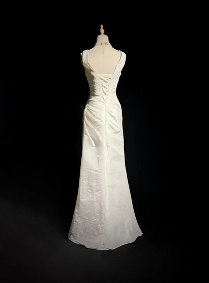 Unique Wedding Dress Mermaid V Neck White Taffeta Appliques 90s Wedding Dresses Vintage Bridal Gowns DH1165