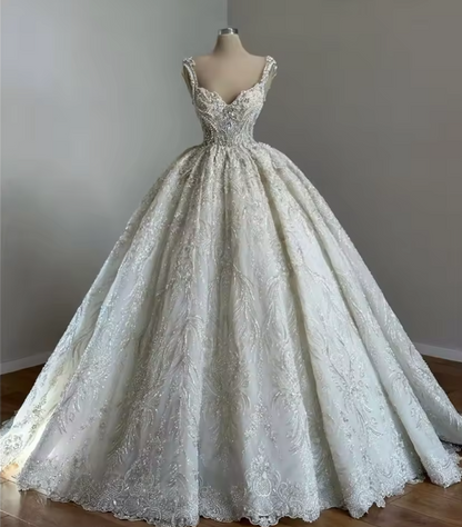 Unique Bridal Gown Ball Gown Straps Neck White Sequin Wedding Dresses Pretty Bridal Gowns DH1222