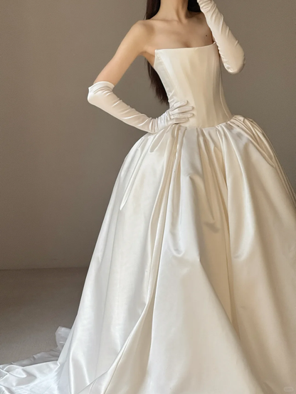 Simple Ball Gown Strapless White Satin Long Wedding Dress SH5096