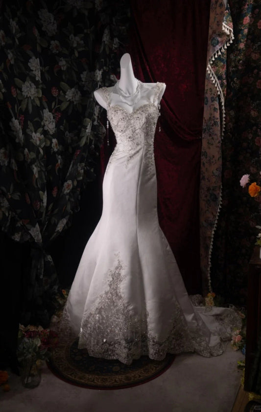 Vintage White Prom Dress Straps Mermaid Evening Dress Satin Beaded Formal Dress DP05057
