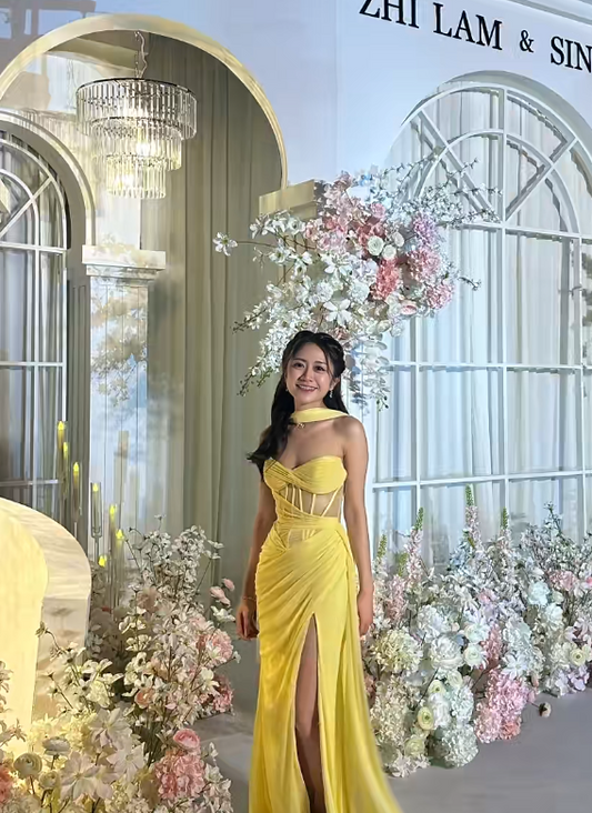 Cute Yellow Prom Dress  Satin Sheath Wedding Guest Dress Sleevless Evening Dress DP05137