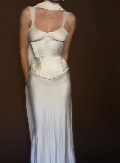 Romantic Ivory A Line Straps Corset Satin Long Prom Dress Outfits SH4979