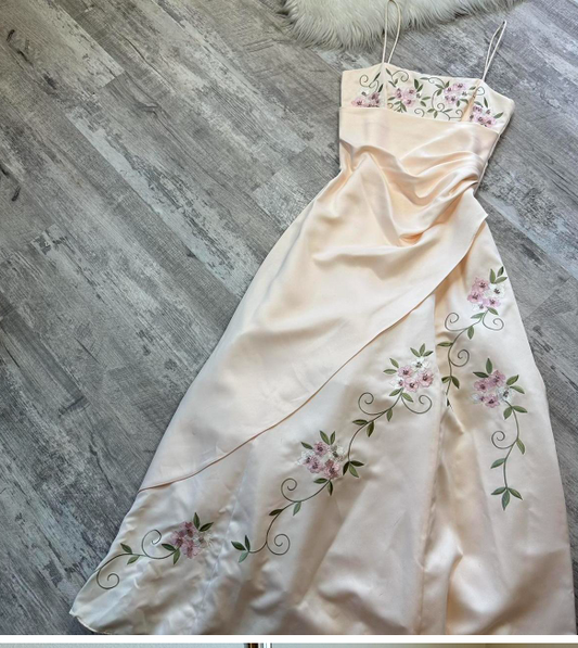 Vintage A-Line Spaghetti Strap Satin Applique Long Prom Dresses Pink Formal Evening Gowns ED04159