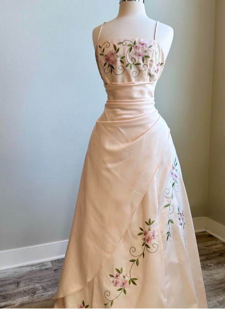 Vintage A-Line Spaghetti Strap Satin Applique Long Prom Dresses Pink Formal Evening Gowns ED04159