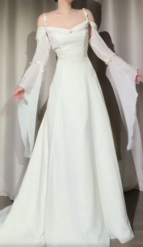 Vintage White Prom Dress Chiffon Straps Evening Dress A-Line Birthday Dress ED06848