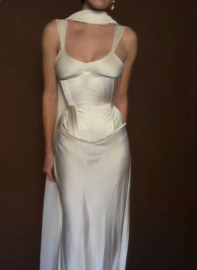 Romantic Ivory A Line Straps Corset Satin Long Prom Dress Outfits SH4979