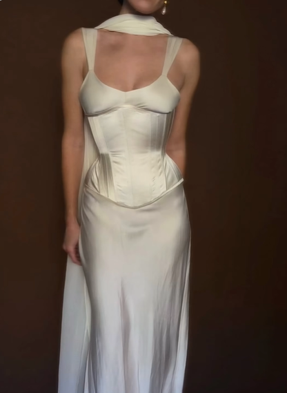Romantic Ivory A Line Straps Corset Satin Long Prom Dress Outfits SH4979