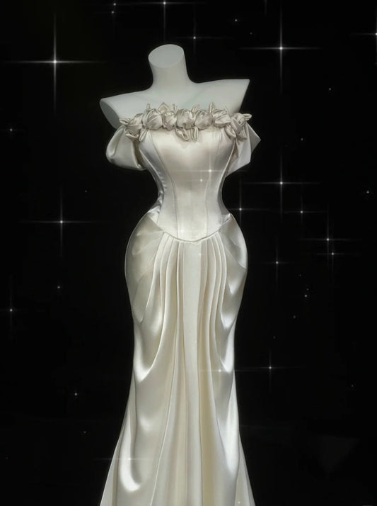 Gorgeous Pearl White Prom Dress Off-shoulder Sheath Evening Dress Beaded Satin Formal Dress EP06752