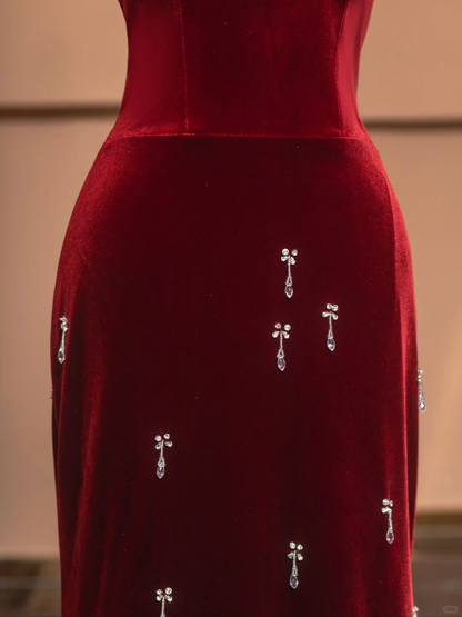 Burgundy Mermaid Straps Beaded Velvet Long Prom Dress Party Dress SH4370