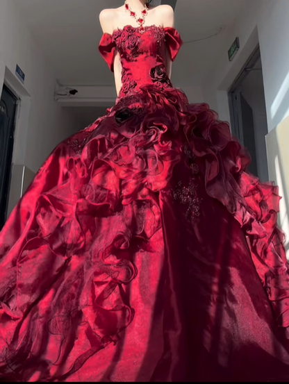 Burgundy Blue Ball Gown Off the Shoulder Beaded Rose Organza Satin Graduation Ball Gown 18th Birthday Dress SH4987