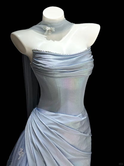 Blue Simple A Line Strapless Satin Tulle Long Prom Dress SH5003