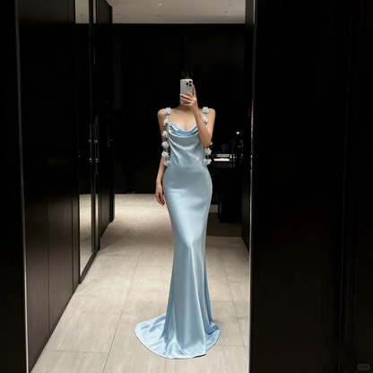 Gentle Blue Mermaid Spaghetti Strap Floral Satin Long Prom Dress Evening Dress SH5106