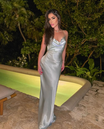 Simple Sexy Sheath Spaghetti Strap Silver Satin Open Back Prom Dress  Evening Dress SH3908