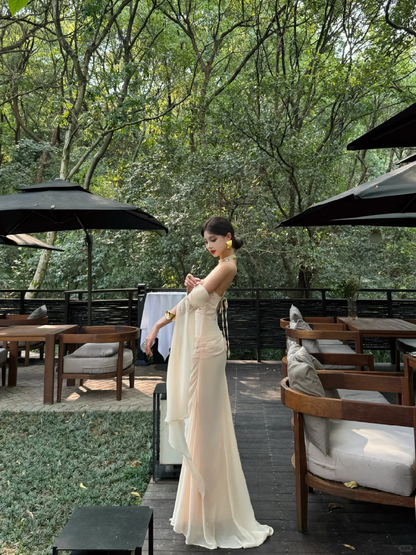 Apricot Mermaid Spaghetti Strap Chiffon Prom Dress Evening Dress Date Dress SH4907