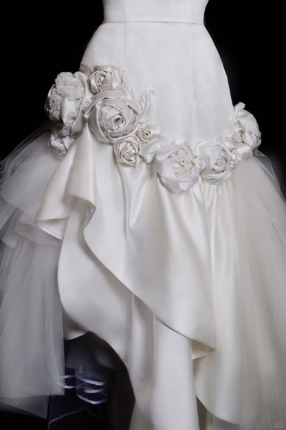 Mermaid Halter White Floral Ruffle Satin Tulle Wedding Dress SH4710
