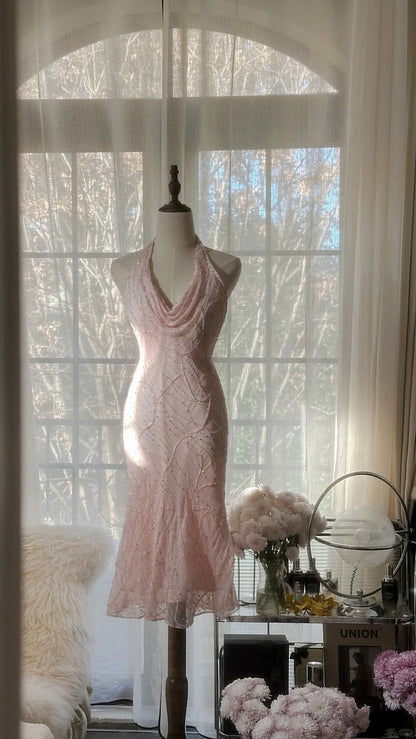 Stunning Mermaid Halter Pink Satin Tulle Sequin Backless Short Homecoming Dress,Summer 18th Birthday Dress GG3956