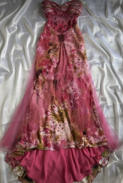 Vintage A Line Spaghetti Straps Chiffon Tulle Printed Floral Long Prom Dress,Party Dress,Formal Evening Dress GG4017