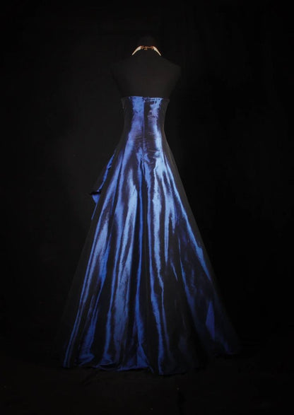 Navy A Line Strapless Satin Pleated Beads Long Prom Dress,Party Dress,Formal Evening Dress GG4136