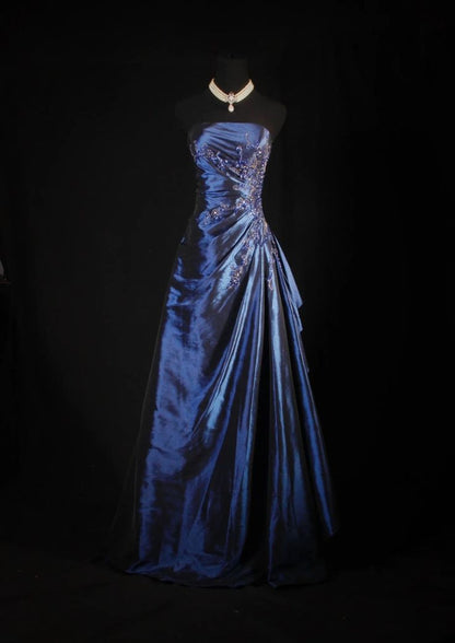 Navy A Line Strapless Satin Pleated Beads Long Prom Dress,Party Dress,Formal Evening Dress GG4136