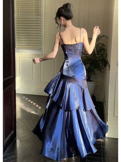 Classy Navy A Line Spaghetti Straps Satin Long Prom Dress,Party Dress,Formal Evening Dress GG4137