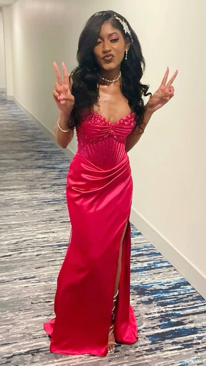Pretty Mermaid Strapless Satin Pleated Sequin Slit Long Prom Dress,Party Dress,Formal Evening Dress GG4287