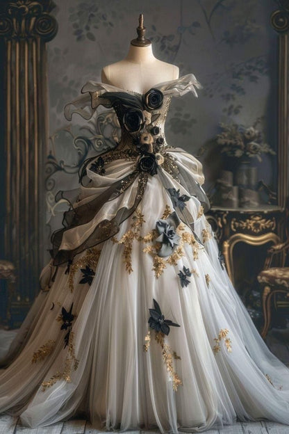 Vintage Ball Gown Off The Shoulder Tulle Applique Long Prom Dress,Party Dress,Formal Evening Dress GG4298