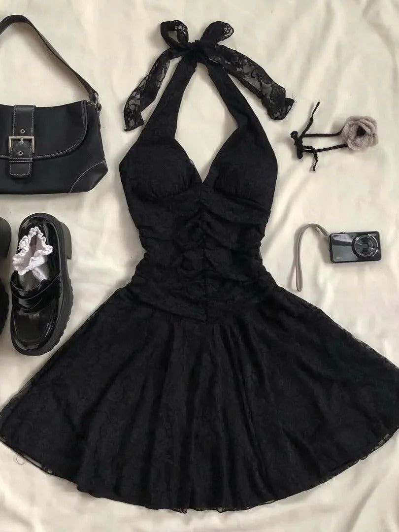 Classy Black A Line Halter Neck Lace Short Homecoming Dress,Summer 17th Birthday Dress GG4486