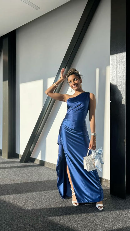 Classy Mermaid One Shoulder Pleated Satin Slit Long Prom Dress,Party Dress,Formal Evening Dress GG4557