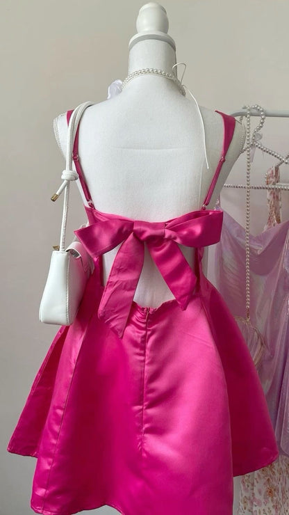 Vibrant A Line Square Hot Pink Satin Short Homecoming Dress,Vacation Dress,Summer 18th Birthday Dress GG4606