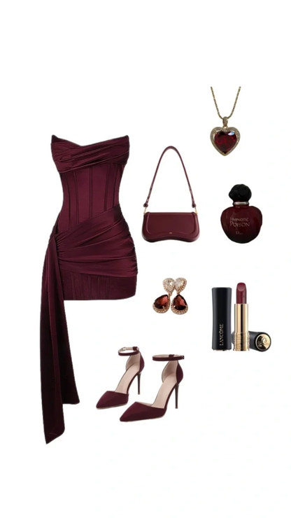 Burgundy Mermaid Strapless Pleated Satin Short Homecoming Dress,Vacation Dress,Summer 19th Birthday Dress GG4635