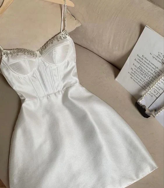 Princess A Line Spaghetti Straps Satin Beads Short Homecoming Dress,Vacation Dress,Summer 18th Birthday Dress GG4686