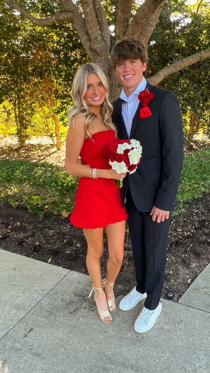 Elegant A Line Red Strapless Satin Short Homecoming Dress,Vacation Dress,Summer 20th Birthday Dress GG4705