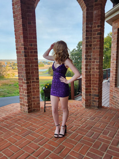 Classy Mermaid Spaghetti Straps Purple Satin Sequin Short Homecoming Dress,Vacation Dress,Summer 20th Birthday Dress GG4776