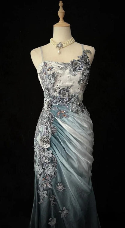 Unique Gorgeous Mermaid Spaghetti Straps Gradient Satin Applique Long Prom Dress,Party Dress,Formal Evening Dress GG4852