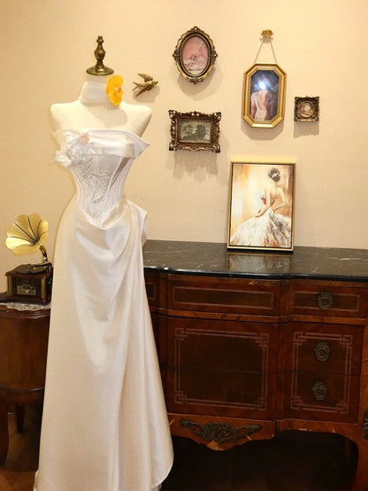Classy Mermaid Strapless Satin Applique Long Prom Dress,Party Dress,Formal Evening Dress GG4865