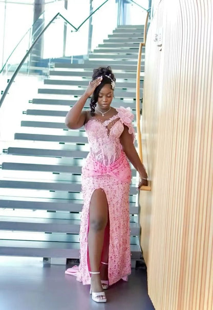 Gorgeous Pink Mermaid One Shoulder Satin Beads Slit Long Prom Dress,Party Dress,Formal Evening Dress GG4883
