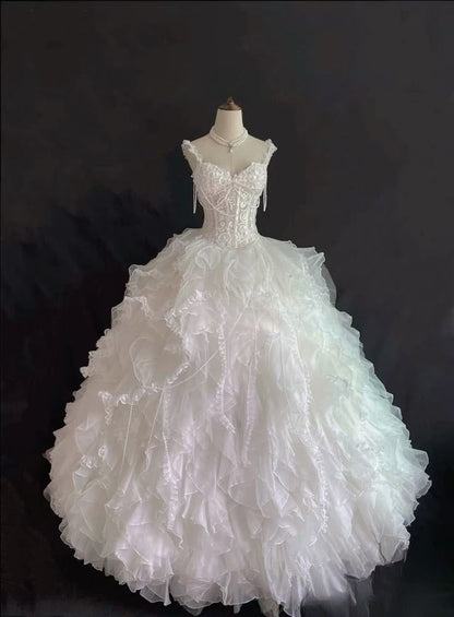 Pretty White Ball Gown Spaghetti Straps Lace Long Prom Dress,Party Dress,Formal Evening Dress GG4886