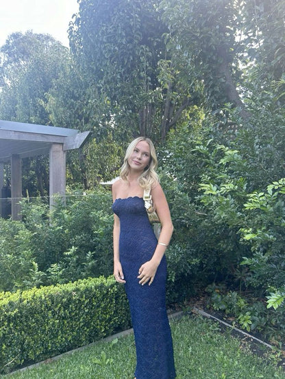 Chic Navy Mermaid Strapless Lace Long Prom Dress,Party Dress,Formal Evening Dress GG4908