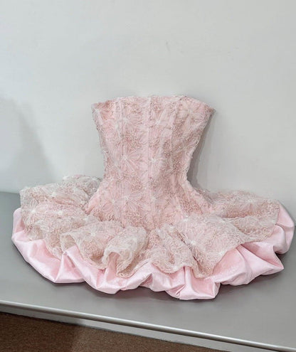 Sweet 16th Pink Ball Gown Strapless Satin Lace Short Homecoming Dress,Vacation Dress,Summer Birthday Dress GG4920