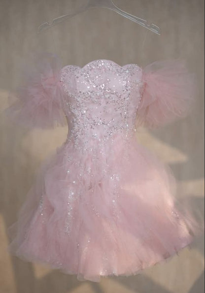 Sweet 16th Pink A Line Off The Shoulder Tulle Sequin Short Homecoming Dress,Vacation Dress,Summer Birthday Dress GG4930