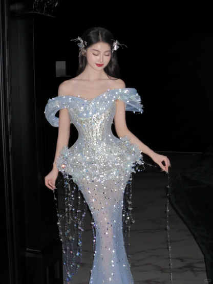 Spacial Mermaid Off The Shoulder Sequin Beads Tassel Long Prom Dress,Party Dress,Formal Evening Dress GG4942