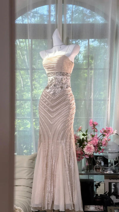 Elegant Mermaid Spaghetti Straps Pleated Chiffon Lace Long Prom Dress,Party Dress,Formal Evening Dress GG4947