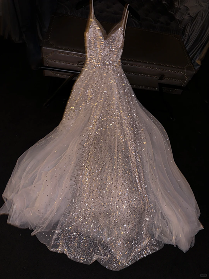 Sparkly A Line Spaghetti Straps Tulle Sequin Long Prom Dress,Party Dress,Formal Evening Dress GG4990