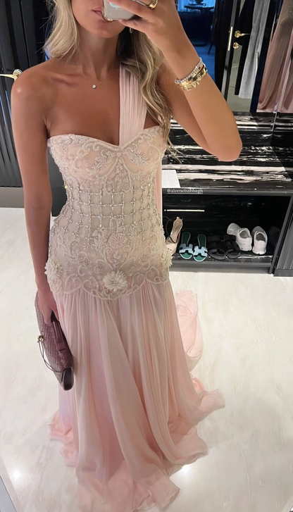 Light Pink A Line One Shoulder Satin Beads With Cape Long Prom Dress,Party Dress,Formal Evening Dress GG4995