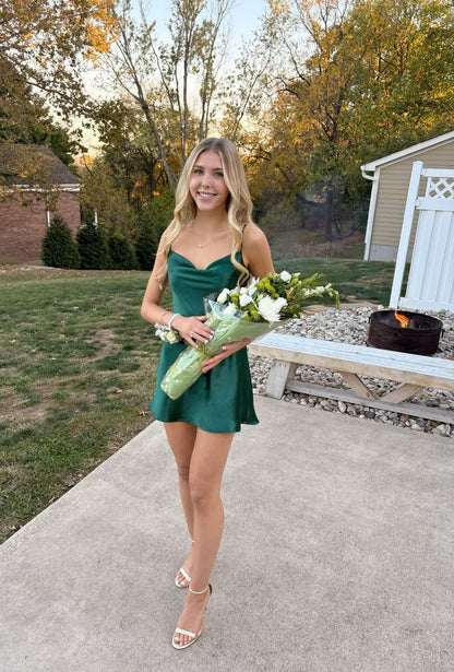 Simple Style A Line Spaghetti Straps Dark Green Satin Short Homecoming Dress,Vacation Dress,Summer 17th Birthday Dress GG5028