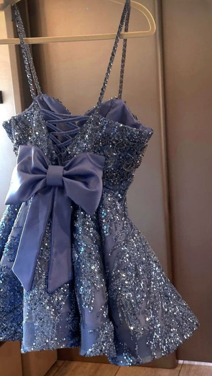 Pretty A Line Spaghetti Straps Sequin Back With Bow Short Homecoming Dress,Vacation Dress,Summer 18th Birthday Dress GG5032