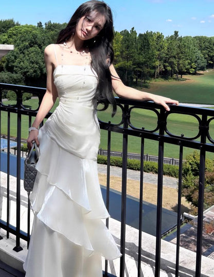 Unique Mermaid Spaghetti Straps Satin Chiffon Tiered Ruffle Long Prom Dress,Evening Dress GG5089